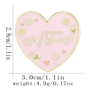 Pink heart enamel brooch with math formula, small flowers and gold metal trim