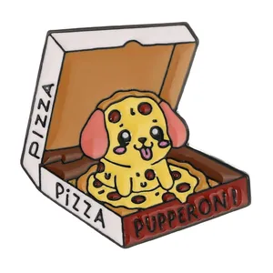 Cute puppy pizza enamel pin featuring a dog in a Pupperoni box, creative foodie badge