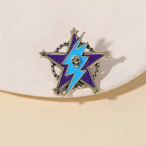 Detail of gothic star brooch with lightning bolt, skull emblem, and gold chain tassel