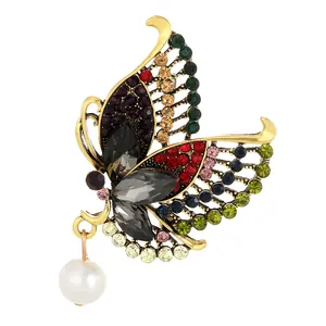 Colorful crystal butterfly brooch with sparkling rhinestones and white pearl drop accessory