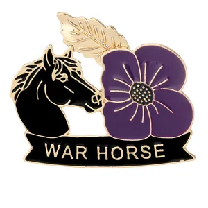 Lest We Forget War Horse purple poppy enamel pin badge with elegant gold leaf detail