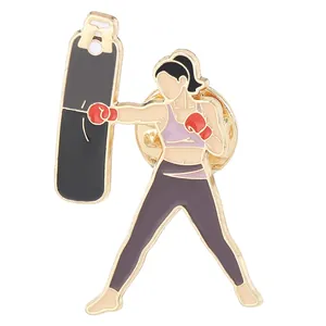 Enamel lapel pin of a woman boxing in purple sportswear for backpacks and jackets