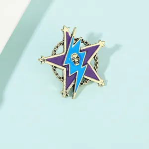 Detailed punk style brooch featuring a gold skull, blue lightning, and purple star motif