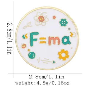 Science theme enamel pin with F=ma formula and gold metal edge, 2.8cm diameter