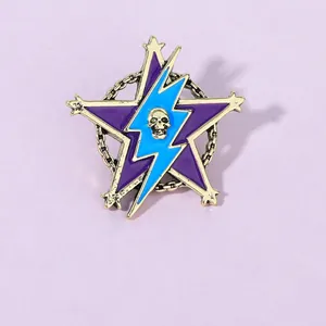Detailed punk enamel star brooch with skull and lightning motif on purple background