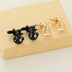 Classic anchor-shaped men's cufflinks in black and gold with nautical rope detailing