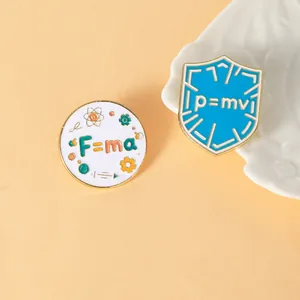 Detail showing enamel pins with physics formulas F=ma and p=mv on a warm background