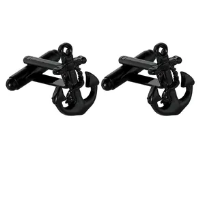 Classic nautical anchor cufflinks for men with matte black finish on white background