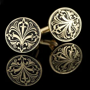Herren Vintage Runde Kupfer Manschettenknöpfe Vergoldet Schwarz Emaille Lilienmuster Barock Business Hemd Anzug Schmuck
