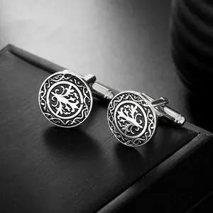 Vintage Copper Tree Of Life Cufflinks For Men Round Embossed Silver Black Shirt Studs Business Wedding Jewelry Accessory