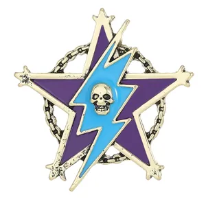 Gothic star brooch badge with purple enamel finish and silver skull emblem over blue lightning