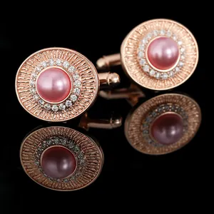 Gemelli da Uomo Vintage in Rame Oro Rosa Con Perla di Imitazione Rosa Zirconia Design Radiante Gioielli Matrimonio