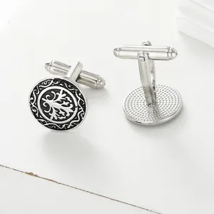 French luxury men cufflinks with vintage engraved floral patterns in oxidized silver finish