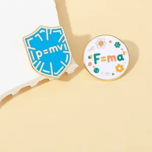 Detail of enamel physics pins featuring p=mv and F=ma formulas on a white stone base