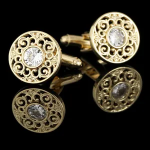 Men's Business Classic Copper Gold Plated Round Hollow Cufflinks With Zirconia Crystal Filigree Formal Shirt Jewelry