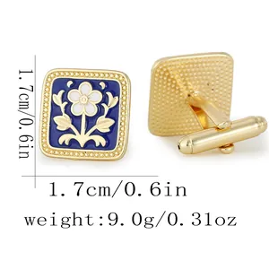 Men's square gold cufflinks with blue enamel floral patterns and T-bar closures