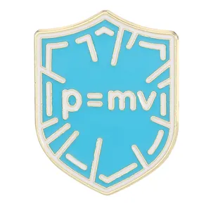 Enamel physics brooch with shield shape and p=mv momentum formula in gold and blue
