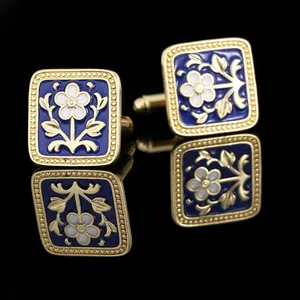 French Vintage Men Enamel Floral Cufflinks Gold Copper Square Business Wedding Party Cuff Links Jewelry Anniversary Gift