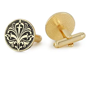 Elegante gold-schwarze runde Manschettenknöpfe mit Vintage-Blumenmuster für Herren