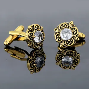 Vintage gold cufflinks with hollow floral design and clear zircon for men's French suits