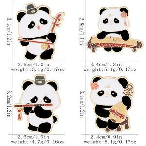 Cartoon panda metal pins playing traditional Chinese musical instruments like pipa and erhu