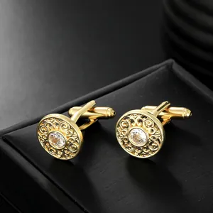 Classic gold hollow cufflinks for men featuring clear zircon stones in a vintage style