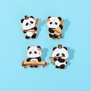Set of four panda enamel pins playing traditional Chinese instruments on blue background
