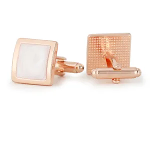 Classic rose gold square cufflinks for men with white marble texture inlay and swivel closure