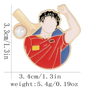 Detail view of table tennis enamel pin showing 3.3cm size and sports character design