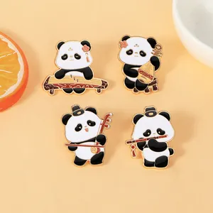 Detailed set of panda enamel pins playing traditional Chinese musical instruments on warm base