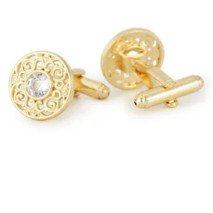 Classic gold plated cufflinks for men featuring hollow filigree design and a clear zircon