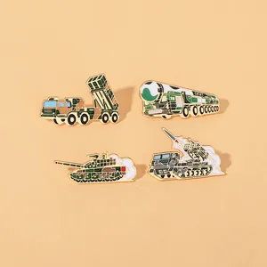 Detail of military metal pins featuring DF-41 missile and tactical army vehicles