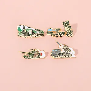 Detailed macro view of DF-41 missile and tank military badges with camouflage finish