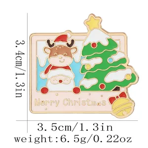 Polaroid style Christmas enamel pin with Santa and reindeer motifs for holiday clothing