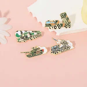 Detailed macro view of military weapon enamel pins including DF-41 missile launcher