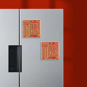 Traditional Chinese Blessing Fu Character Metal Fridge Magnet Square Red Gold Zinc Alloy Refrigerator Decoration For Home Kitchen