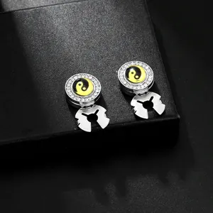 Boutons de manchette argentés avec motif Yin Yang tai chi et cristaux en boîte noire