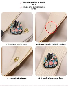 Detailed step-by-step guide for pinning the cute ghost cat enamel brooch on fabric