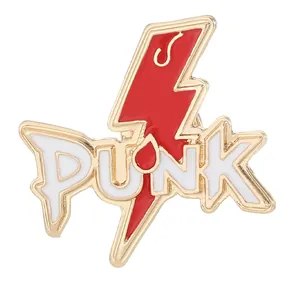Broche créative PUNK en forme d'éclair en métal émaillé rouge avec bord doré