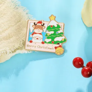 Detailed view of a Christmas enamel pin with reindeer, Santa, and tree in polaroid frame