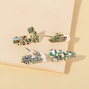 Detail of military enamel pins set featuring a DF-41 missile launcher and battle tank