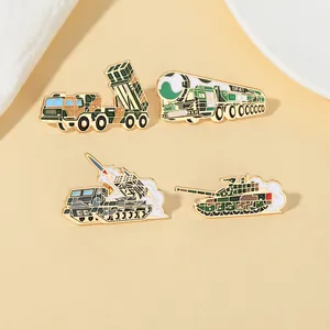 Detailed macro view of military enamel pins with DF41 missile and tank camouflage patterns