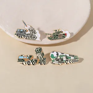 Detailed close-up of military enamel pins including the DF-41 missile launcher model