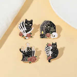 Pines de Esmalte de Gato Negro Gótico Halloween Esqueleto Ataúd Rosa Punk Broche de Metal Insignia Accesorios Para Ropa Bolso