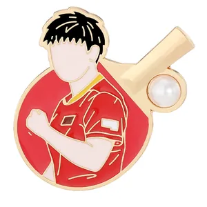 Commemorative table tennis enamel pin with red racket athlete design and pearl detail