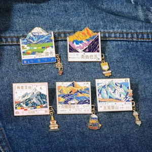 Détails de cinq pin's en émail montagne de neige avec pendentifs créatifs sur denim