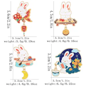 Set of cute cartoon enamel rabbit brooches with traditional Chinese festive elements