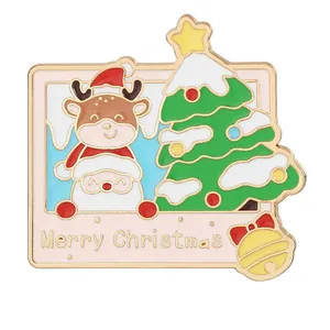 Cute Christmas enamel pin featuring a reindeer and Santa in a Polaroid frame style