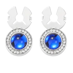 Elegant round silver cufflinks with deep blue gemstone and clear crystal halo on white back