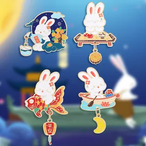 Detailed grid of four enamel rabbit brooches with traditional Chinese Mid-Autumn motifs